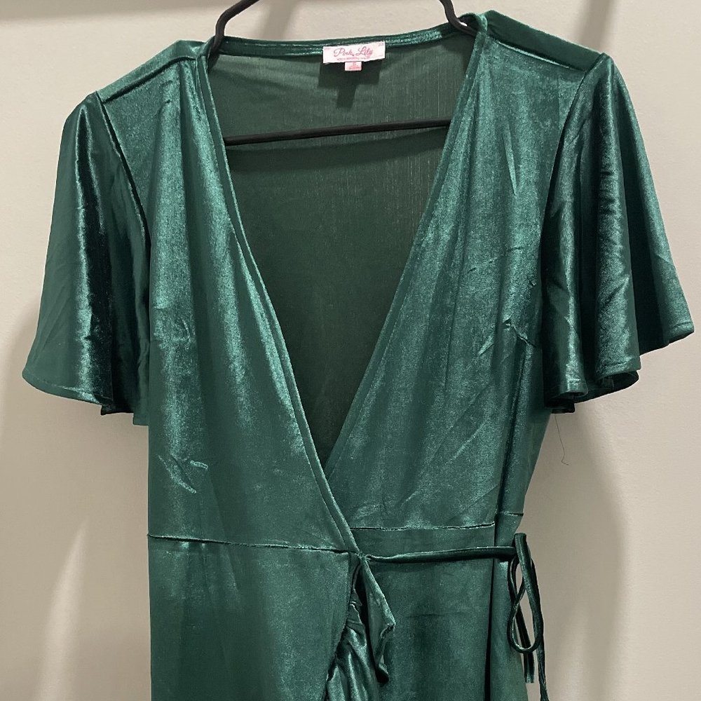 Pink Lily Emerald Velvet Wrap Mini Dress - Small